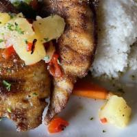 Caribbean Snapper · Fresh Florida keys blackened snapper with chimichurri sauce, and pineapple chutney, served w...