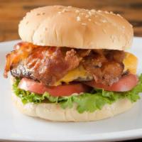 Bacon Cheese · 1/4 lb Natural Beef Patty, American cheese, 2 strips of bacon,  Lettuce, Tomato, Onion, Pick...