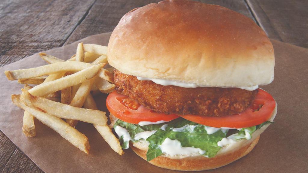 Panko Fish Sandwich · Panko breaded cod filet with tomatoes, lettuce, and tartar sauce on a King’s Hawaiian Bun. Served with French Fries.