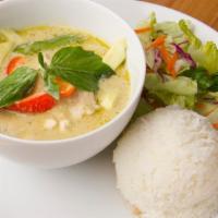 Green Curry · Zucchini, bell peppers and Thai basil leaves cooked in green curry and coconut milk. Gluten-...