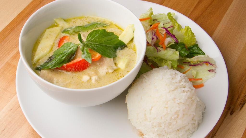 Green Curry · Zucchini, bell peppers and Thai basil leaves cooked in green curry and coconut milk. Gluten-free.