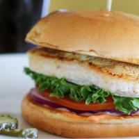 Grilled Chicken Sandwich · All natural chicken breast, antibiotic-free chicken breast, lettuce, red onion, tomato, Tru-...