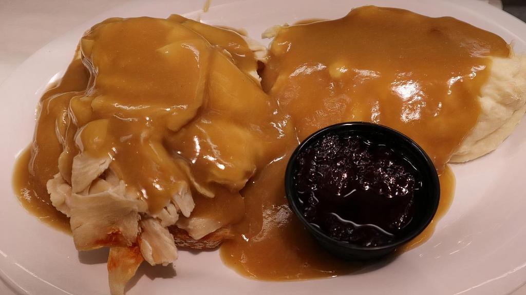 Hot Turkey Sandwich · Generous serving of roast beef or turkey with mashed potatoes, gravy & a house green salad.