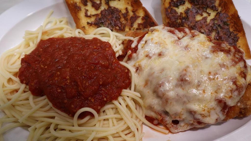 Chk Parm · A tender chicken breast rolled in Italian bread crumbs & Parmesan cheese, served with spaghetti & garlic bread