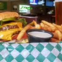The Big Blarney Burger · Two 1/4 lb. beef patties plus cheese, onion, tomato, lettuce, pickle, and O'Blarney's specia...