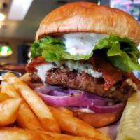 The Blue Manchu Burger · A juicy 1/3 lb. burger topped with two thick slices of crispy bacon, thin sliced red onion a...