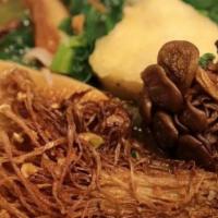 Ginger Mushroom Ramen · Flavor full  Miso Base, immune booster mushrooms, fried tofu, ginger, spinach, bock choy, ba...