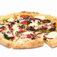 The Puyallup · Pesto, Fresh Mozzarella, Olives, Roasted Red Peppers, Ricotta.
