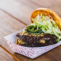 Double Love Burger (D) · Two 1/4lb NW natural beef patties, spicy mayo, fried jalapenos, shredded lettuce, sweet onio...
