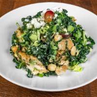 Smoked Chicken & Kale Salad · smoked chicken, shredded tuscan kale & sprouts, marcona almonds, feta, red grapes, roasted g...