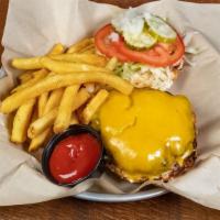Classic Cheese Burger · aged cheddar, shredded lettuce, diced onion, sliced tomato, haus dressing, pickles

Consumin...