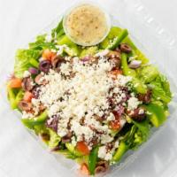 Greek Salad · Your choice of protein, lettuce, tomatoes, onions, peppers, feta cheese, kalamata olives, an...