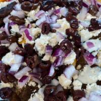 Side Greek Fries · Golden brown fries topped with tzatziki sauce, feta cheese, diced red onions, and kalamata o...