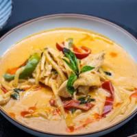 Panang Curry · Red Panang curry paste, bell pepper, Kaffir lime zest, and coconut milk