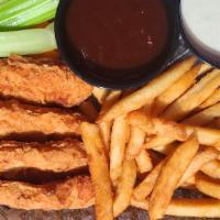 Fried Chicken Tenders · Chicken breast tenders breaded and deep fried to a golden finish and served with regular or ...