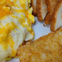 Three Cheese Omelette Combo · 3 egg omelette with jack, cheddar and swiss cheese served with your choice of a deep fried h...