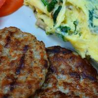 Keto Breakfast · 3 Egg omelette with spinach, bell peppers, mushrooms, and onions, with 2 sausage patties or ...