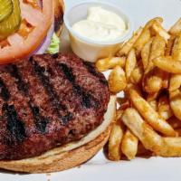 Half Pound Beef Burger · Flame grilled half pound of ground beef cooked to order and served with sliced tomato, red o...