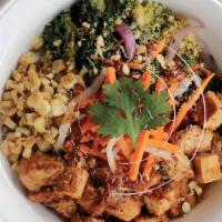 Chicken Bowl · Rice or noodles, seared vegetables, toppings, garnishes and a sauce of your choice.