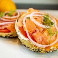 The New Yorker · CYB (Choose Your Bagel), Norwegian salmon, plain cream cheese, capers, red onion, tomato Ser...