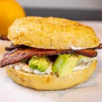 The Brundage · CYB (Choose Your Bagel), plain cream cheese, bacon, avocado, cracked pepper.