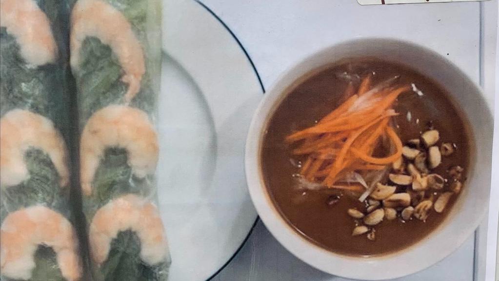 Shrimpspring/Salad Rolls · With shrimp rice noodles, bean sprouts, lettuce served with peanut sauce (topped with pickled daikon/carrots and peanuts).