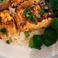 Cơm Barbecue Tofu · Rice, broccoli, grilled tofu,  pickled daikon and carrots, onion, carrot, fish or peanut sau...