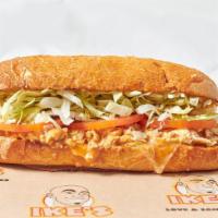 Menage A Trois (100 Things To Eat Before You Die -Eater) · Halal chicken, honey mustard, BBQ, honey, pepper Jack, Swiss, Cheddar (cal 1610).