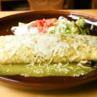 Asada Burrito · Carne asada, rice, and beans inside a big flour tortilla covered with salsa verde and cheese...