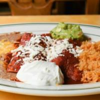 Enchiladas Rancheras · Your choice of filling with lettuce, onions, and oregano, garnished with Mexican cheese, sou...