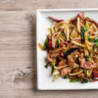 Mongolian Beef · Spicy. With scallions.