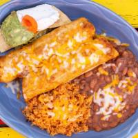 Los Dos Flautas Dinner · Two flautas with your choice of shredded beef, chicken, garlic pork roast, ground beef, carn...