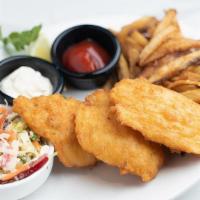 Ipa Beer Battered Fish & Chips · Three crispy fried IPA beer battered cod filets served with Napa coleslaw, hand-cut fries an...
