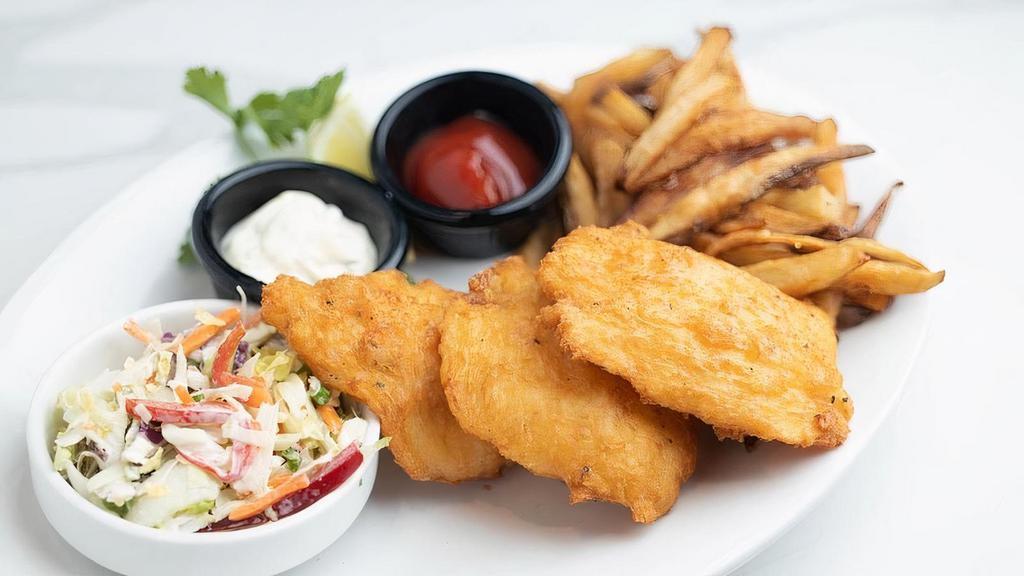 Ipa Beer Battered Fish & Chips · Three crispy fried IPA beer battered cod filets served with Napa coleslaw, hand-cut fries and Lemon Caper Tarter sauce.
