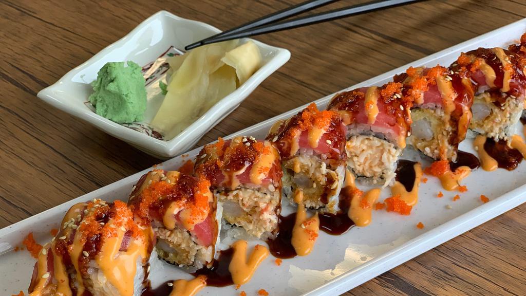 Playboy · Spicy. Fried shrimp & spicy crab meat topped with tuna, eel sauce, spicy mayo, sesame seeds & fish egg.