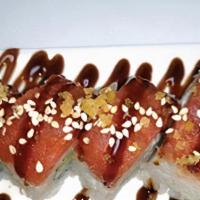 Fire · Spicy. Fried shrimp, spicy crab meat topped with spicy tuna, eel sauce & spicy mayo.