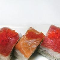 Rock · crabmeat, cucumber, avocado top with salmon, tuna, fish eggs