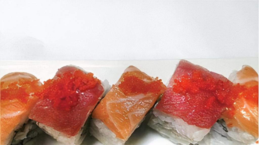Rock · crabmeat, cucumber, avocado top with salmon, tuna, fish eggs