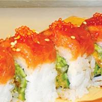 Red Dragon · crabmeat, cucumber, avocado top with Spicy tuna, fish egg