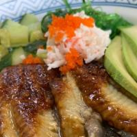 Unagi Donburi · 6pieces eel.cucumber.  mango.avocado.seaweed .crabmeat.eel sauce.spicy mayo and sesame. fish...