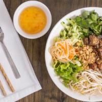Grilled Pork Vermicelli Bowl · Vermicelli noodles, grilled pork, lettuce, cucumber, basil, mint, bean sprouts, topped with ...