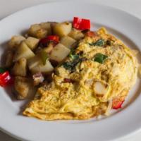 Veggie Lovers Omelette · Fresh spinach, onion, bell pepper, diced tomatoes, sliced mushrooms, and Swiss cheese. Serve...