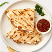 Qrazy Quesadillas · A grilled flour tortilla with choice of protein topped with melted Jack and Cheddar cheese, ...