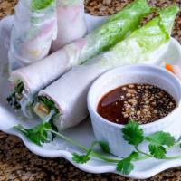 Goi Cuon · Two fresh spring rolls. Pork and shrimp, soft rice paper, lettuce, vermicelli, fresh herbs a...