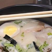 Tongkatsu Ramen( Pork Broth) · Soft boiled egg ,bamboo shoot and wood ear mushrooms and charsiu