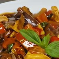 Eggplant · Onion red bell peppers carrots sauteed in spicy basil sauce.