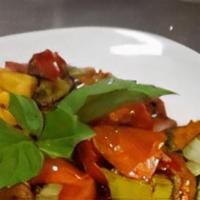 Kra Pow  ( Thai Basil)  · bock choy , carrots and red bell peppers.
