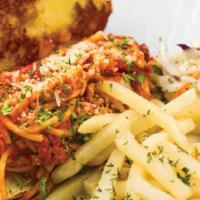 Spaghetti Sandwich · With meat sauce, Mozzarella cheese topped with parsley. Served with French fries and coleslaw.