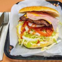 Single Burger · Meat, Mayonnaise, Lettuce, Tomato, Onion, Bacon, Yellow Cheese, Ham, Grilled Pineapple, Must...