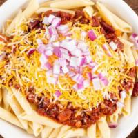 4 Way Chili Mac · Choose from our award winning Beef and Bean Chili or our Vegetarian Chili  on a bed of penne...